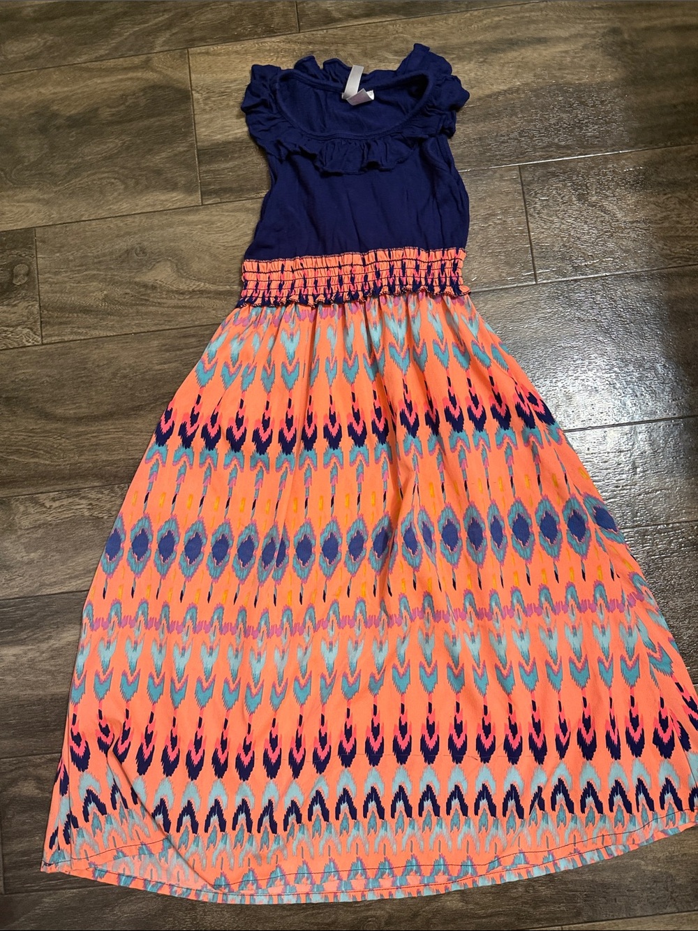 Girls Navy Top Coral Patterned Maxi Dress